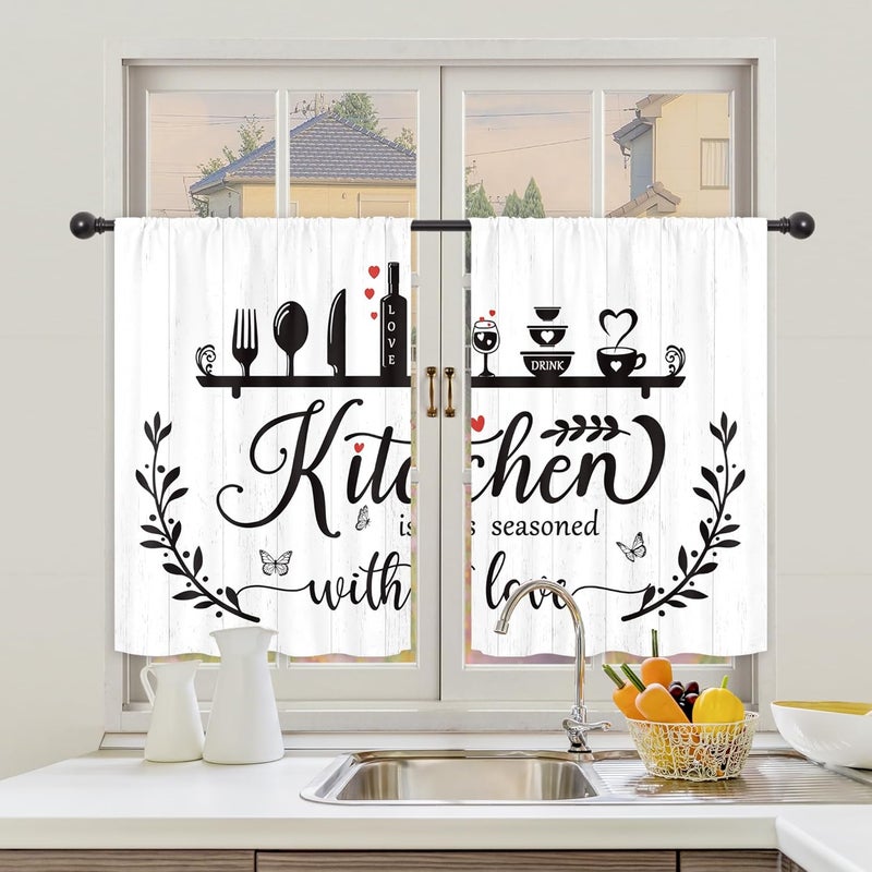 Riyidecor Black White Rustic Kitchen Curtains and Valances 3 Piece Set Rod Pocket 36 Inch Short Fork Spoon Wine Herbs Farmhouse Country Wooden Board Butterfly Bedroom Living Room Treatment Fabric - Image 3